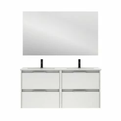 Offres 🔥 Amizuva Ensemble de meuble, vasque et miroir SUKI avec quatre tiroirs H.56,5 x L.120 x P.46 , effet blanc brillant 🌟