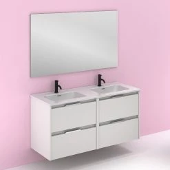 Budget 😀 Amizuva Meuble double vasque SUKI avec quatre tiroirs H.56,5 x L.120 x P.46 , effet blanc brillant | Il comprend la vasque en céramique 😍 -Métal Soldes 8414623500489 6 1