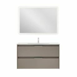 Bon marché ❤️ Amizuva Ensemble de meuble, vasque et miroir SUKI avec deux tiroirs H.56,5 x L.100 x P.46 , effet Fumé sablé ⌛