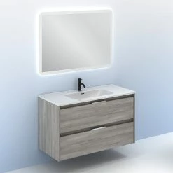 Vente flash 😍 Amizuva Ensemble de meuble, vasque et miroir SUKI avec deux tiroirs H.56,5 x L.100 x P.46 , effet Gris sablé 🤩 -Métal Soldes 8414623500519 6