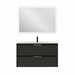 Sortie ❤️ Amizuva Ensemble de meuble, vasque et miroir SUKI avec deux tiroirs H.56,5 x L.100 x P.46 , effet Anthracite brillant 🔥