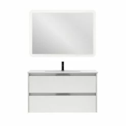 Budget 😍 Amizuva Ensemble de meuble, vasque et miroir SUKI avec deux tiroirs H.56,5 x L.100 x P.46 , effet blanc brillant ❤️