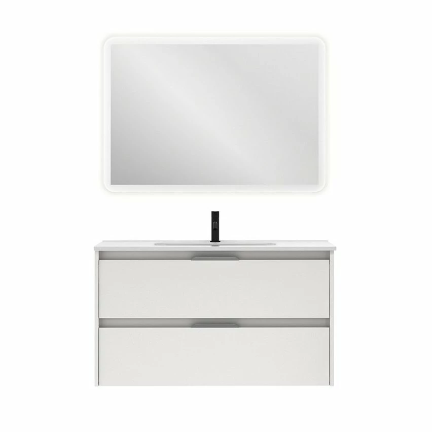 Budget 😍 Amizuva Ensemble de meuble, vasque et miroir SUKI avec deux tiroirs H.56,5 x L.100 x P.46 , effet blanc brillant ❤️ 1 Budget 😍 Amizuva Ensemble de meuble, vasque et miroir SUKI avec deux tiroirs H.56,5 x L.100 x P.46 , effet blanc brillant ❤️