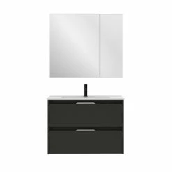 Meilleur prix 🌟 Amizuva Ensemble de meuble, vasque et miroir SUKI avec deux tiroirs H.56,5 x L.80 x P.46 , effet Anthracite brillant 🔔