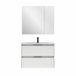 Bon marché 🧨 Amizuva Ensemble de meuble, vasque et miroir SUKI avec deux tiroirs H.56,5 x L.80 x P.46 , effet blanc brillant 😉