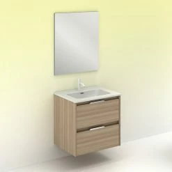 Meilleure affaire 🥰 Amizuva Ensemble de meuble, vasque et miroir SUKI avec deux tiroirs H.56,5 x L.60 x P.46 , effet noyer sablé ⭐ -Métal Soldes 8414623500595 6 1