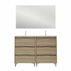 Coupon ✔️ Amizuva Meuble double vasque SUKI avec six tiroirs H.74 x L.120 x P.46 , effet noyer sablé | Il comprend la vasque en céramique ⌛