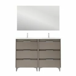 Nouveau 👍 Amizuva Meuble double vasque SUKI avec six tiroirs H.74 x L.120 x P.46 , effet Fumé sablé | Il comprend la vasque en céramique ⌛