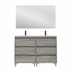 Meilleur prix 👏 Amizuva Meuble double vasque SUKI avec six tiroirs H.74 x L.120 x P.46 , effet Gris sablé | Il comprend la vasque en céramique 🛒