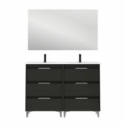 Promo ⭐ Amizuva Meuble double vasque SUKI avec six tiroirs H.74 x L.120 x P.46 , effet Anthracite brillant | Il comprend la vasque en céramique 🔥