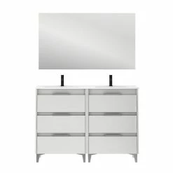 Nouveau 😉 Amizuva Meuble double vasque SUKI avec six tiroirs H.74 x L.120 x P.46 , effet blanc brillant | Il comprend la vasque en céramique 😍