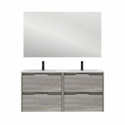 Budget 🌟 Amizuva Ensemble de meuble, vasque et miroir SUKI avec quatre tiroirs H.56,5 x L.120 x P.46 , effet Gris sablé 🎁