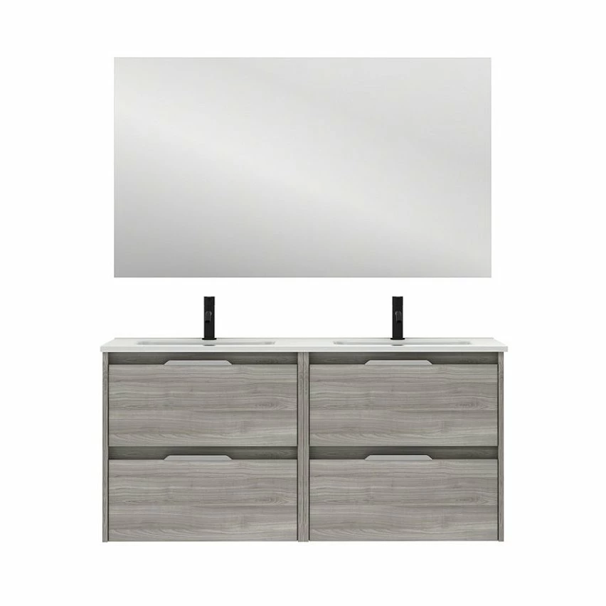 Promo 🌟 Amizuva Meuble double vasque SUKI avec quatre tiroirs H.56,5 x L.120 x P.46 , effet Gris sablé | Il comprend la vasque en céramique 👍 1 Promo 🌟 Amizuva Meuble double vasque SUKI avec quatre tiroirs H.56,5 x L.120 x P.46 , effet Gris sablé | Il comprend la vasque en céramique 👍