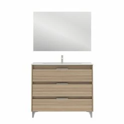 Vente flash 🧨 Amizuva Meuble simple vasque SUKI avec tris tiroirs H.74 x L.100 x P.46 , effet noyer sablé | Il comprend la vasque en céramique 👏