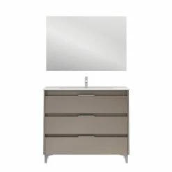 Vente flash 👍 Amizuva Meuble simple vasque SUKI avec tris tiroirs H.74 x L.100 x P.46 , effet Fumé sablé | Il comprend la vasque en céramique 🧨