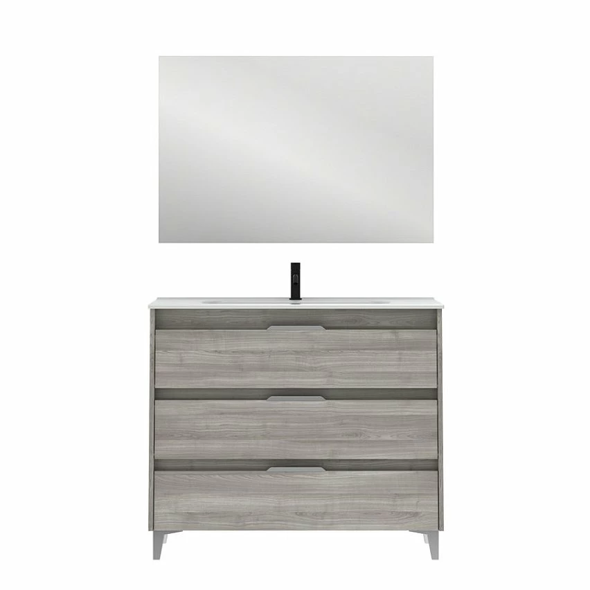 Grosses soldes ⭐ Amizuva Meuble simple vasque SUKI avec tris tiroirs H.74 x L.100 x P.46 , effet Gris sablé | Il comprend la vasque en céramique 🤩 1 Grosses soldes ⭐ Amizuva Meuble simple vasque SUKI avec tris tiroirs H.74 x L.100 x P.46 , effet Gris sablé | Il comprend la vasque en céramique 🤩