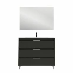 Acheter 🥰 Amizuva Meuble simple vasque SUKI avec tris tiroirs H.74 x L.100 x P.46 , effet Anthracite brillant | Il comprend la vasque en céramique 😉