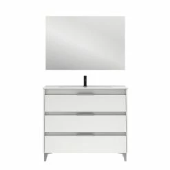 Budget ⭐ Amizuva Meuble simple vasque SUKI avec tris tiroirs H.74 x L.100 x P.46 , effet blanc brillant | Il comprend la vasque en céramique 🔥