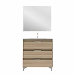 Le moins cher 🥰 Amizuva Meuble simple vasque SUKI avec tris tiroirs H.74 x L.80 x P.46 , effet noyer sablé | Il comprend la vasque en céramique ⌛