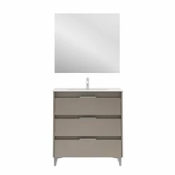 Vente flash 🛒 Amizuva Meuble simple vasque SUKI avec tris tiroirs H.74 x L.80 x P.46 , effet Fumé sablé | Il comprend la vasque en céramique 🔥