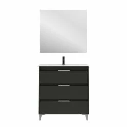 Bon marché 🤩 Amizuva Meuble simple vasque SUKI avec tris tiroirs H.74 x L.80 x P.46 , effet Anthracite brillant | Il comprend la vasque en céramique 🔥