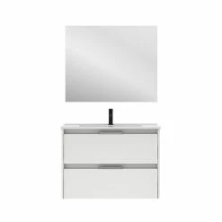 Bon marché ⭐ Amizuva Meuble simple vasque SUKI avec deux tiroirs H.56,5 x L.80 x P.46 , effet blanc brillant | Il comprend la vasque en céramique 😉