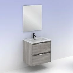 Sortie ⭐ Amizuva Meuble simple vasque SUKI avec deux tiroirs H.56,5 x L.60 x P.46 , effet Gris sablé | Il comprend la vasque en céramique 👍 -Métal Soldes 8414623501028 6 1