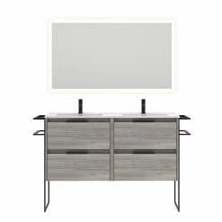 Sortie 🤩 Amizuva Ensemble de meuble, vasque et miroir KEIKO avec quatre tiroirs H.56,5 x L.120 x P.46 , effet Gris sablé 🌟