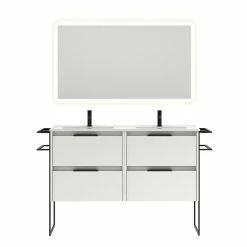 Grosses soldes 🔥 Amizuva Ensemble de meuble, vasque et miroir KEIKO avec quatre tiroirs H.56,5 x L.120 x P.46 , effet blanc brillant 🛒