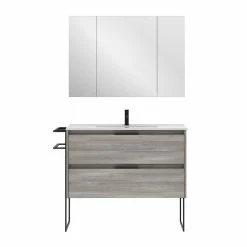 Meilleur prix ✨ Amizuva Ensemble de meuble, vasque et miroir KEIKO avec deux tiroirs H.56,5 x L.100 x P.46 , effet Gris sablé 🎉