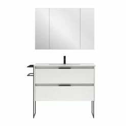 Remise ✨ Amizuva Ensemble de meuble, vasque et miroir KEIKO avec deux tiroirs H.56,5 x L.100 x P.46 , effet blanc brillant 🛒