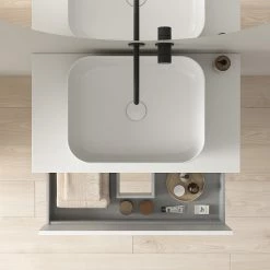 De gros 🥰 Amizuva Ensemble de meuble, vasque et miroir NIWA TOP avec un tiroir et un niche H.56,5 x L.80 x P.46 , effet blanc brillant ⌛ -Métal Soldes 8414623501752 4 5