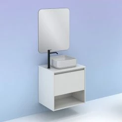 Bon marché 😀 Amizuva Meuble simple vasque NIWA TOP avec un tiroir et un niche H.56,5 x L.60 x P.46 , effet blanc brillant | Il comprend la vasque en céramique 🧨 -Métal Soldes 8414623501813 6 1