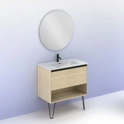 Acheter 🎁 Amizuva Ensemble de meuble, vasque et miroir YOKO avec un tiroir et un niche H.56,5 x L.80 x P.46 , effet Chêne sablé 🎉 -Métal Soldes 8414623501875 6