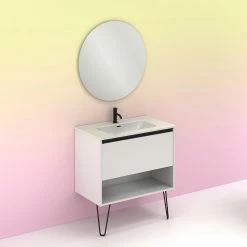 Meilleur prix ✔️ Amizuva Ensemble de meuble, vasque et miroir YOKO avec un tiroir et un niche H.56,5 x L.80 x P.46 , effet blanc brillant 🤩 -Métal Soldes 8414623501882 6