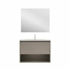 Promo ⭐ Amizuva Meuble simple vasque NIWA avec un tiroir et un niche H.56,5 x L.80 x P.46 , effet Fumé sablé | Il comprend la vasque en céramique 💯