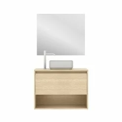 Coupon ⭐ Amizuva Meuble simple vasque NIWA TOP avec un tiroir et un niche H.56,5 x L.80 x P.46, effet Chêne sablé | Il comprend la vasque en céramique 👏