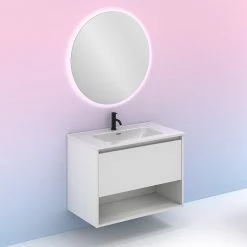 Le moins cher 🥰 Amizuva Ensemble de meuble, vasque et miroir NIWA avec un tiroir et un niche H.56,5 x L.80 x P.46 , effet blanc brillant ✨ -Métal Soldes 8414623502049 5