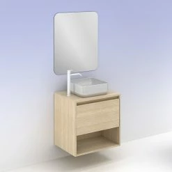 Bon marché 🎉 Amizuva Ensemble de meuble, vasque et miroir NIWA TOP avec un tiroir et un niche H.56,5 x L.60 x P.46 , effet Chêne sablé 🔔 -Métal Soldes 8414623502070 6 1