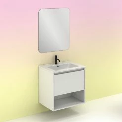 Promo 🔔 Amizuva Meuble simple vasque NIWA avec un tiroir et un niche H.56,5 x L.60 x P.46 , effet blanc brillant | Il comprend la vasque en céramique 👏 -Métal Soldes 8414623502100 5