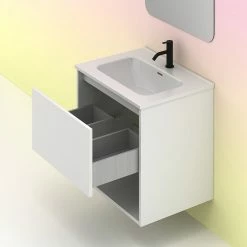 Promo 🔔 Amizuva Meuble simple vasque NIWA avec un tiroir et un niche H.56,5 x L.60 x P.46 , effet blanc brillant | Il comprend la vasque en céramique 👏 -Métal Soldes 8414623502100 6