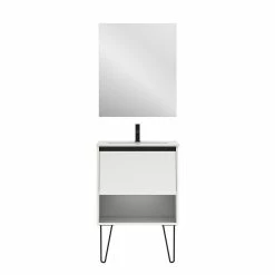 Meilleure affaire 🤩 Amizuva Meuble simple vasque YOKO avec un tiroir et un niche H.56,5 x L.60 x P.46 , effet blanc brillant | Il comprend la vasque en céramique 👏