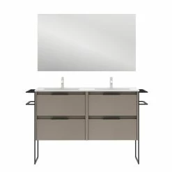 Meilleur prix 🔔 Amizuva Meuble double vasque KEIKO avec quatre tiroirs H.56,5 x L.120 x P.46 , effet Fumé sablé | Il comprend la vasque en céramique 🎁