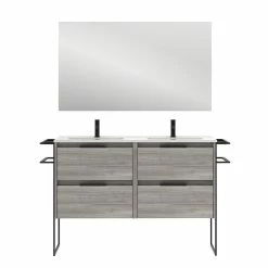 Promo 🎁 Amizuva Meuble double vasque KEIKO avec quatre tiroirs H.56,5 x L.120 x P.46 , effet Gris sablé | Il comprend la vasque en céramique ✔️