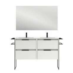 Remise 🔥 Amizuva Meuble double vasque KEIKO avec quatre tiroirs H.56,5 x L.120 x P.46 , effet blanc brillant | Il comprend la vasque en céramique 🤩