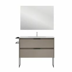 Le moins cher ⭐ Amizuva Meuble simple vasque KEIKO avec deux tiroirs H.56,5 x L.100 x P.46 , effet Fumé sablé | Il comprend la vasque en céramique ❤️