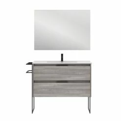 Grosses soldes 😀 Amizuva Meuble simple vasque KEIKO avec deux tiroirs H.56,5 x L.100 x P.46 , effet Gris sablé | Il comprend la vasque en céramique 😉