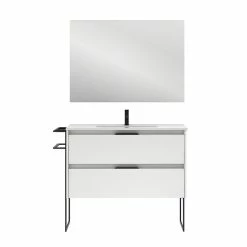 Coupon 🧨 Amizuva Meuble simple vasque KEIKO avec deux tiroirs H.56,5 x L.100 x P.46 , effet blanc brillant | Il comprend la vasque en céramique 🥰