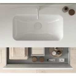 Promo 🌟 Amizuva Meuble simple vasque KEIKO avec deux tiroirs H.56,5 x L.80 x P.46 , effet Gris sablé | Il comprend la vasque en céramique 😉 -Métal Soldes 8414623502346 3 5