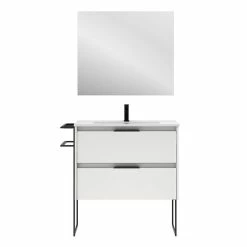 Budget 🎉 Amizuva Meuble simple vasque KEIKO avec deux tiroirs H.56,5 x L.80 x P.46 , effet blanc brillant | Il comprend la vasque en céramique 😍